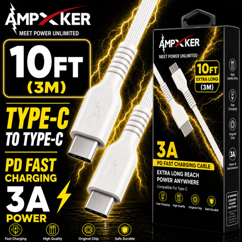 Ampxker 10 ft USB-C to USB-C High-Speed Charge & Sync Cable - White