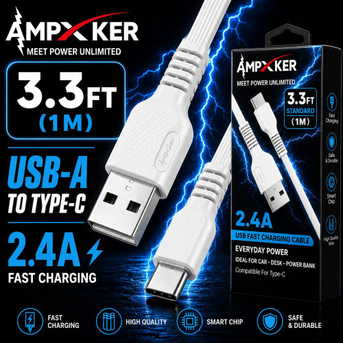 Ampxker 3.3 ft USB-C to USB-A High-Speed Charge & Sync Cable - White