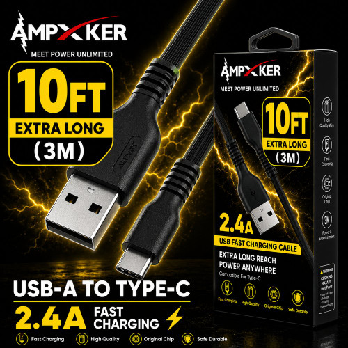 Ampxker 10 ft USB-C to USB-A High-Speed Charge & Sync Cable - Black