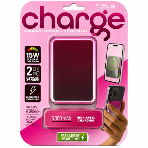 Gabba Goods 5000mAh Metallic MagSafe 15W Magnetic Wireless Charging Power Bank Battery - Pink Silver