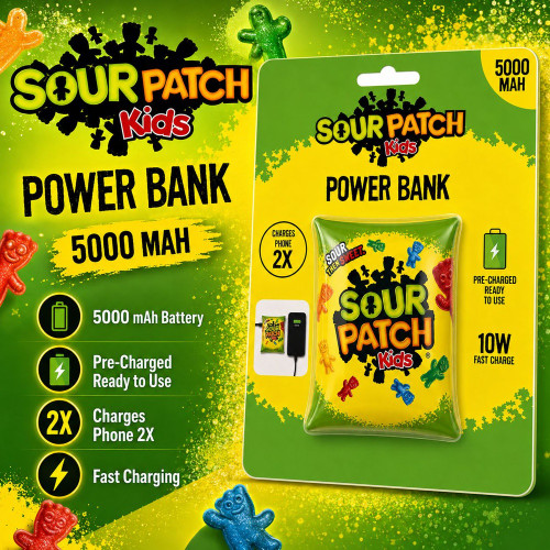 Orbit Innovations Official Licensed Portable 5000mAh Power Bank Dual USB-C + USB-A Battery Charger - Sour Patch Kids