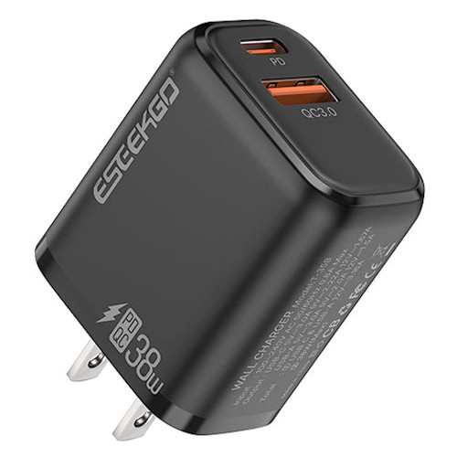 Rapid PD 38W 2 Port USB-C and USB-A Wall Charger - Black