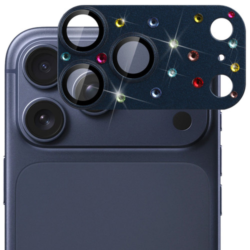 Unibody Matte Metal Tempered Glass Camera Lens Protector for iPhone 17 Pro Max - Rhinestones Blue