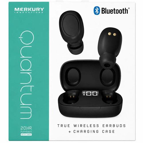 Merkury Innovations Quantum True Wireless Bluetooth Stereo Earbuds with Portable Charging Case - Black