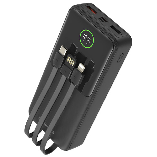 22.5W 20000mAh Power Bank Battery with Integrated USB-C, USB-A and Lightning Charging Cables - Black