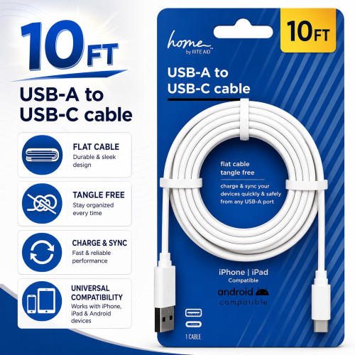 Home by Rite Aid 10 ft USB-C to USB-A High-Speed Charge & Sync Cable - White