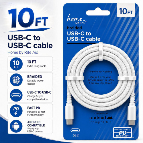 Home by Rite Aid 10 ft. High-Speed 3A Braided USB-C to USB-C Charge & Sync Cable - White