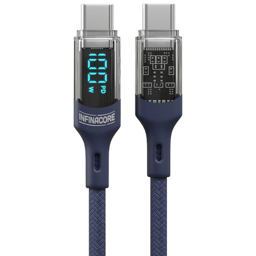 InfinaCore NextGen 100W USB-C to USB-C Nylon Braided Charge & Sync Cable with LED Visual Speed Indicator - Blue