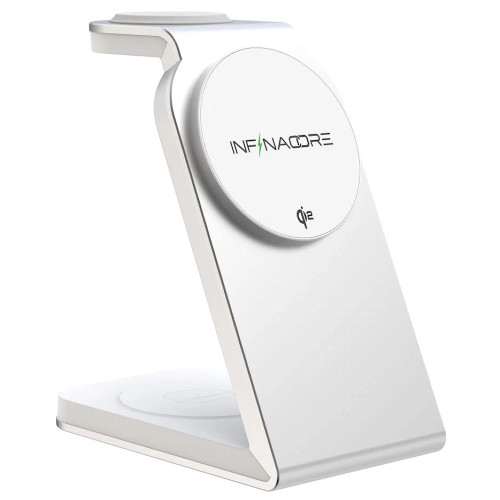 InfinaCore T3 Pro 3-in-1 Qi2 Certified MagSafe Magnetic Wireless Charging Station - Silver Crest