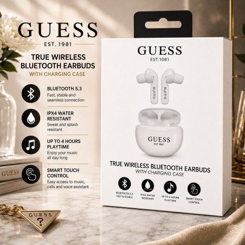 Guess IPX4 Water Resistant TWS True Wireless Bluetooth v5.3 Earbuds - White