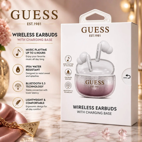 Guess IPX4 Water Resistant TWS True Wireless Bluetooth v5.3 Earbuds - Pink