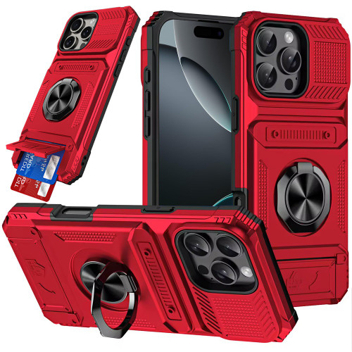 Military Grade All-In-One Ring Stand Case with Card Pocket for iPhone 16 Pro Max - Red