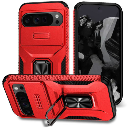 Combat Tough Series Ring Holder Case with Camera Lens Cover for Google Pixel 11 Pro XL - Red