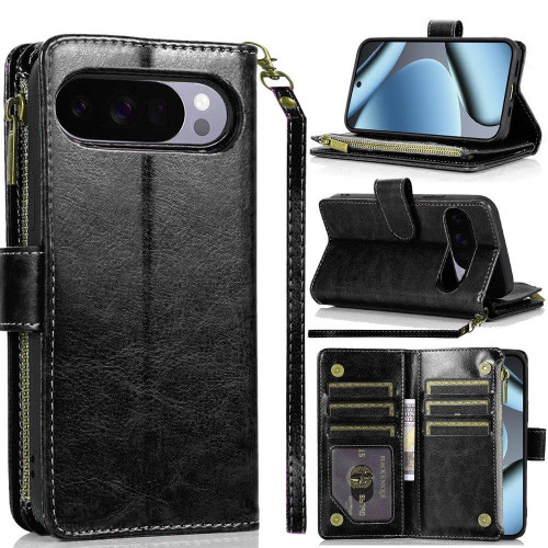 Leather Wallet Case with Zipper Pocket for Google Pixel 11 Pro XL - Black