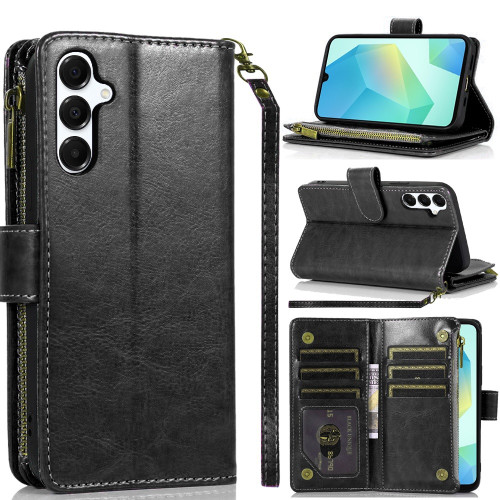 Leather Wallet Case with Zipper Pocket for Samsung Galaxy A27 5G - Black