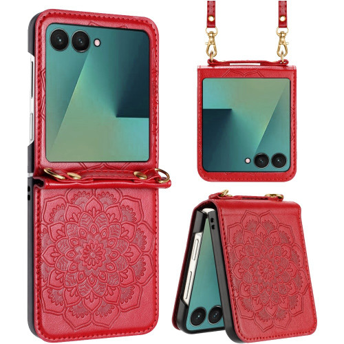 Mandala Flower Leather Protective Cover with Strap for Samsung Galaxy Z Flip 8 - Red