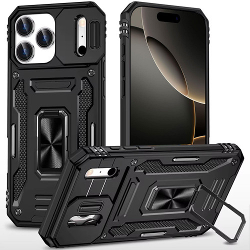 Military Grade Ring Holder Case with Camera Lens Cover for iPhone 18 Pro Max and iPhone 17 Pro Max - Black