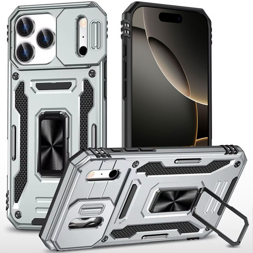 Military Grade Ring Holder Case with Camera Lens Cover for iPhone 18 Pro Max and iPhone 17 Pro Max - Silver