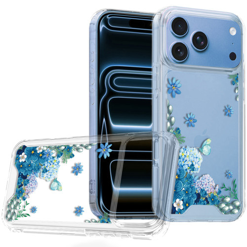 Designer Series Tough Shield Transparent Hybrid Case for iPhone 18 Pro Max and iPhone 17 Pro Max - Blue Floral Cascade with Sparkles