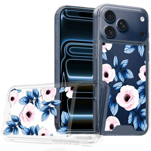 Designer Series Tough Shield Transparent Hybrid Case for iPhone 18 Pro Max and iPhone 17 Pro Max - Blue Leaves and Pink Florals