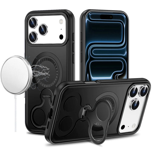 MagSafe Armor Stand Case with Double Finger Ring Holder for iPhone 18 Pro Max and iPhone 17 Pro Max - Black