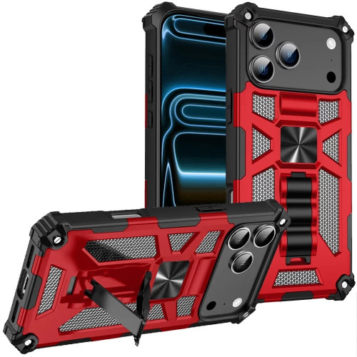 Military Grade Tough Ultra Rugged Hybrid Case with Kickstand for iPhone 18 Pro and iPhone 17 Pro - Red