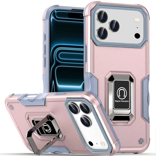 Military Grade Shockproof Hybrid Armor Case with Ring Grip for iPhone 18 Pro and iPhone 17 Pro - Rose Gold