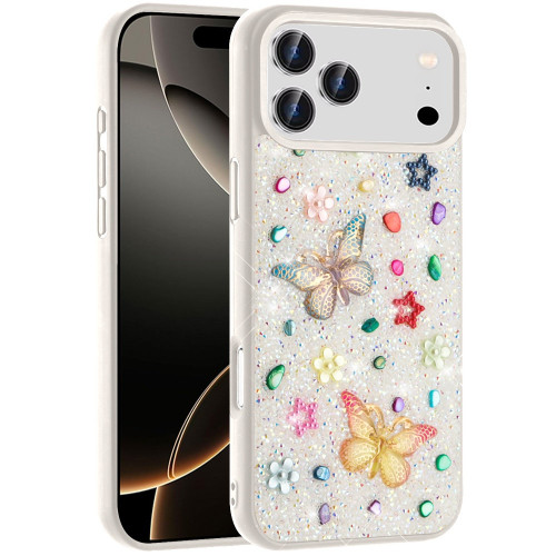 Butterfly Ornaments Diamond Hybrid Case for iPhone 18 Pro and iPhone 17 Pro - White