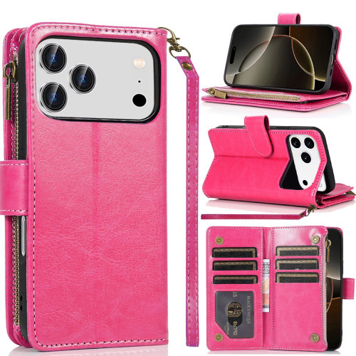 Leather Wallet Case with Zipper Pocket for iPhone 18 Pro and iPhone 17 Pro - Hot Pink