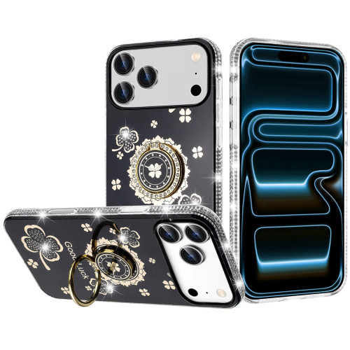 Four-Leaf Clover Diamond Rhinestone Case with Ring Grip for iPhone 18 Pro and iPhone 17 Pro - Black