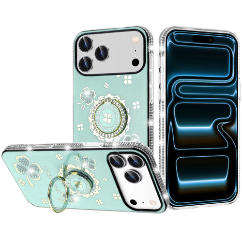 Four-Leaf Clover Diamond Rhinestone Case with Ring Grip for iPhone 18 Pro and iPhone 17 Pro - Teal