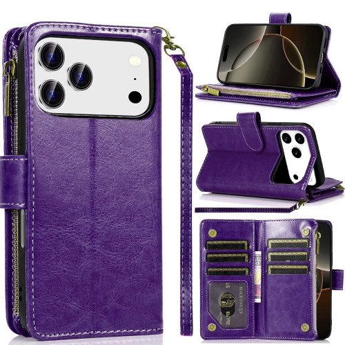 Leather Wallet Case with Zipper Pocket for iPhone 18 Pro and iPhone 17 Pro - Purple