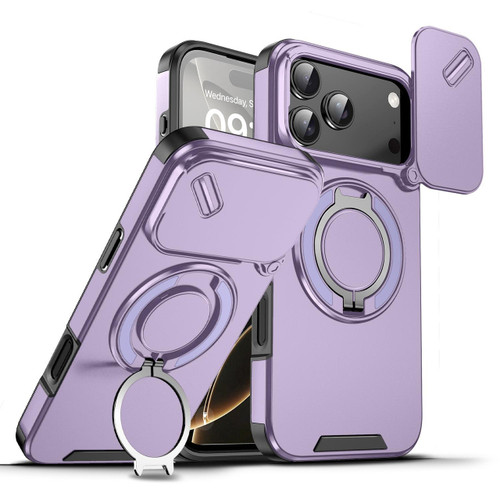 Dual Layer Magnetic Ring Case with Rotating Stand and Privacy Camera Cover for iPhone 18 Pro and iPhone 17 Pro - Purple