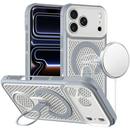 Honeycomb Series Heat Dissipation MagSafe Cooling Case with Rotating Ring Holder Kickstand for iPhone 18 Pro Max and iPhone 17 Pro Max - Grey