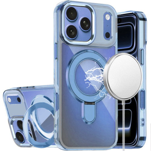 Electroplating Chrome Tough Shield Transparent Case with MagSafe Ring Holder for iPhone 18 Pro and iPhone 17 Pro - Light Blue