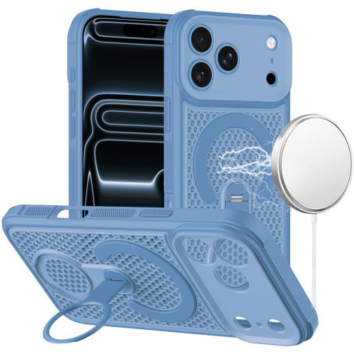 Honeycomb Series Heat Dissipation MagSafe Cooling Case with Rotating Ring Holder Kickstand for iPhone 18 Pro and iPhone 17 Pro - Light Blue