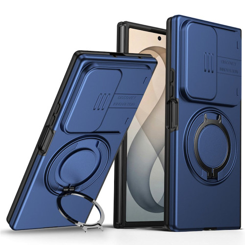 Dual Layer Magnetic Ring Case with Rotating Stand and Privacy Camera Cover for Samsung Galaxy Z Fold 8 Ultra - Blue