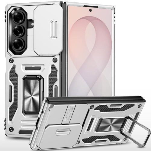 Military Grade Ring Holder Case with Camera Lens Cover for Samsung Galaxy Z Fold 8 Ultra - Silver
