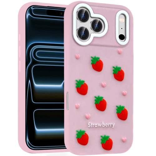Strawberry Design Aesthetic Silicone Case for iPhone 18 Pro and iPhone 17 Pro - Pink