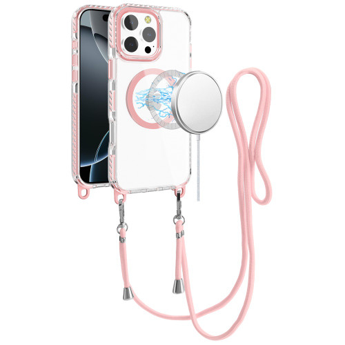 Transparent Protective Bumper Case with MagSafe and Lanyard for iPhone 16 Pro Max - Pink