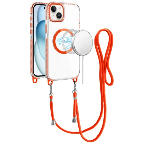 Transparent Protective Bumper Case with MagSafe and Lanyard for iPhone 15 - Cosmic Orange