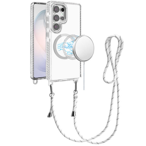 Transparent Protective Bumper Case with Magnetic Ring and Lanyard for Samsung Galaxy S25 Ultra - White