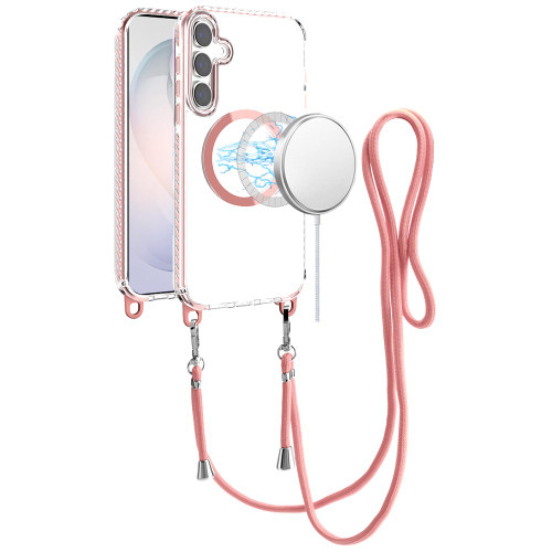 Transparent Protective Bumper Case with Magnetic Ring and Lanyard for Samsung Galaxy S26 Plus - Pink