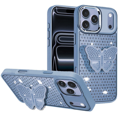 Dazzling Diamond Hybrid Case with Butterfly Grip Stand for iPhone 18 Pro Max and iPhone 17 Pro Max - Light Blue