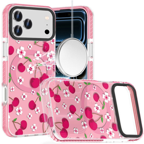 Transparent Protective Bumper Case with MagSafe for iPhone 18 Pro Max and iPhone 17 Pro Max - Cherry Sprinkle on Pink