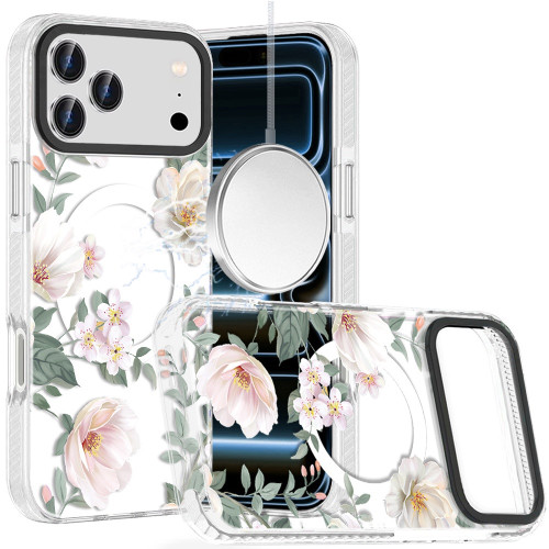 Transparent Protective Bumper Case with MagSafe for iPhone 18 Pro Max and iPhone 17 Pro Max - Light Floral with Gray Leaves