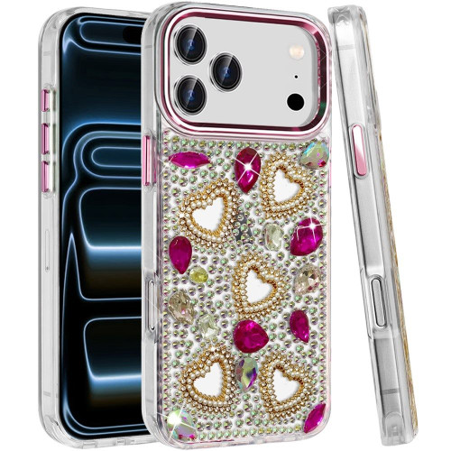 Luxury Crystal Heart Bling 3D Diamond Case for iPhone 18 Pro and iPhone 17 Pro - Hot Pink
