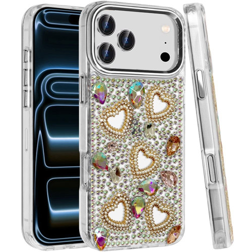 Luxury Crystal Heart Bling 3D Diamond Case for iPhone 18 Pro and iPhone 17 Pro - Multicolor