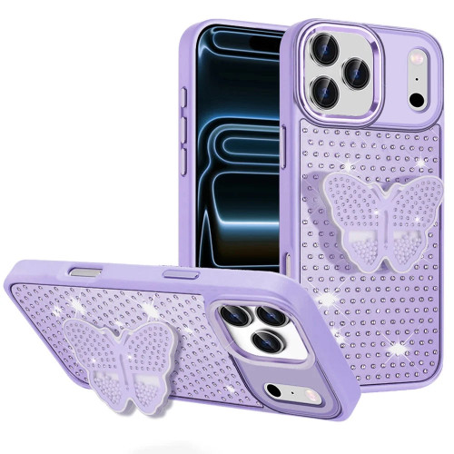 Dazzling Diamond Hybrid Case with Butterfly Grip Stand for iPhone 18 Pro and iPhone 17 Pro - Purple