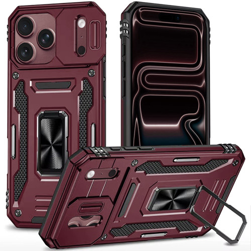 Military Grade Ring Holder Case with Camera Lens Cover for iPhone 18 Pro and iPhone 17 Pro - Burgundy